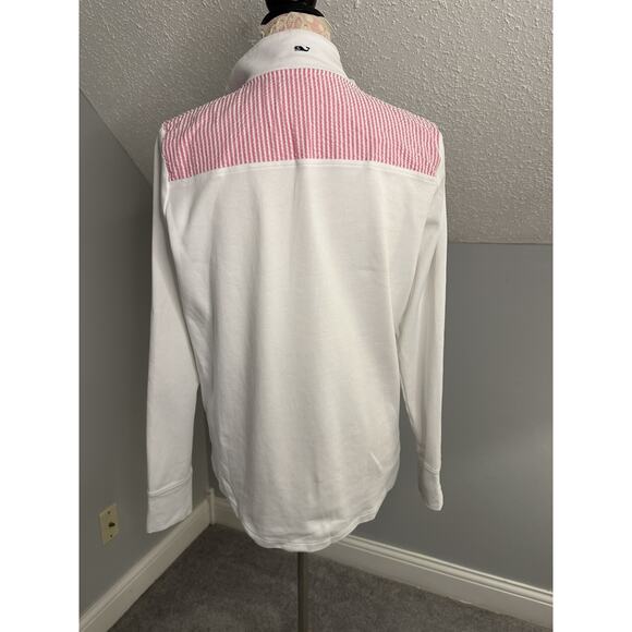EUC Womens Vineyard Vines White Pink Seersucker Shep 1/4 Zip Shoulder Medium - Picture 5 of 8